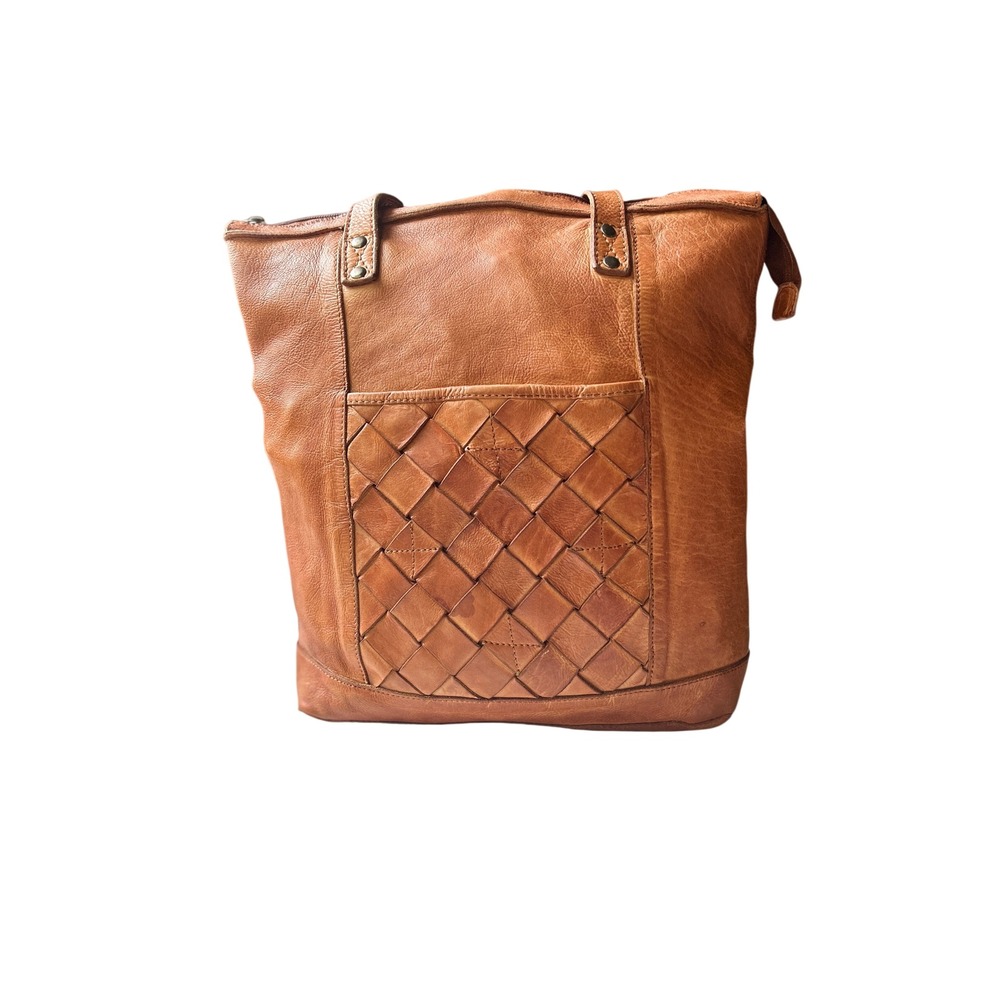 Vilenca Holland Leather Tote Bag Large Cognac Brown Woven Detail